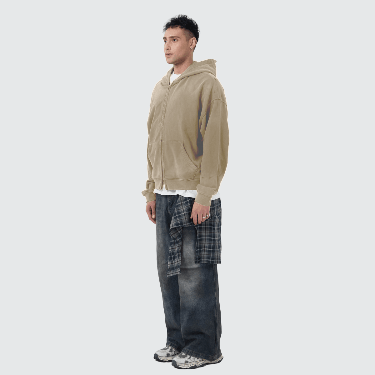 Heavyweight Distressed Dystopian Streetwear Zip-Up Hoodie