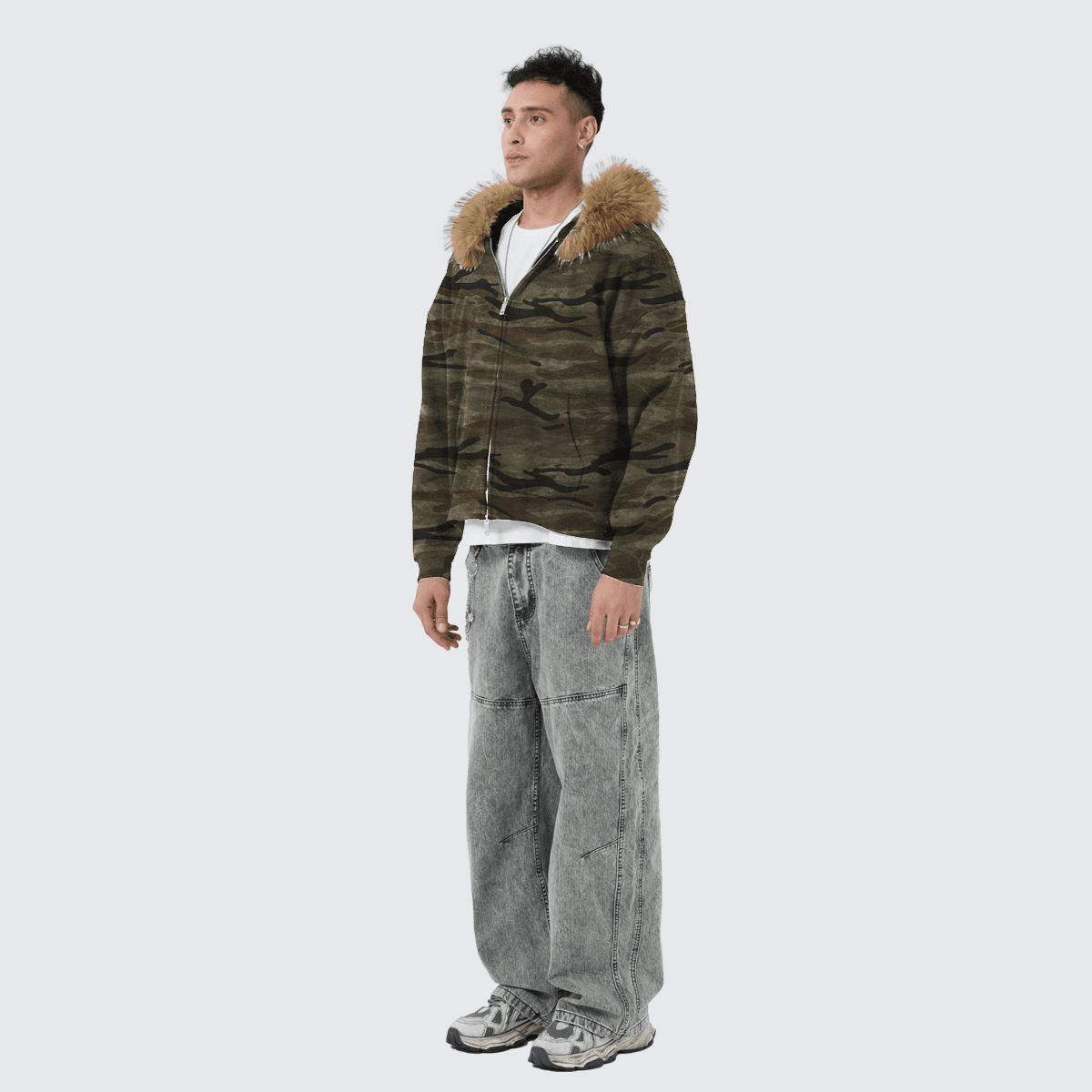 Heavyweight Camo Fur-Trim Zip-Up Hoodie