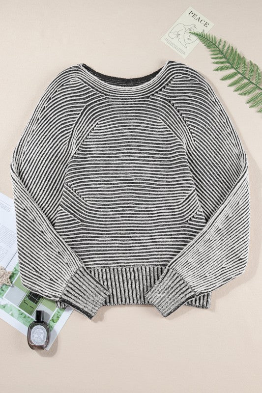Stripe Ribbed Knit Boat Neck Sweater