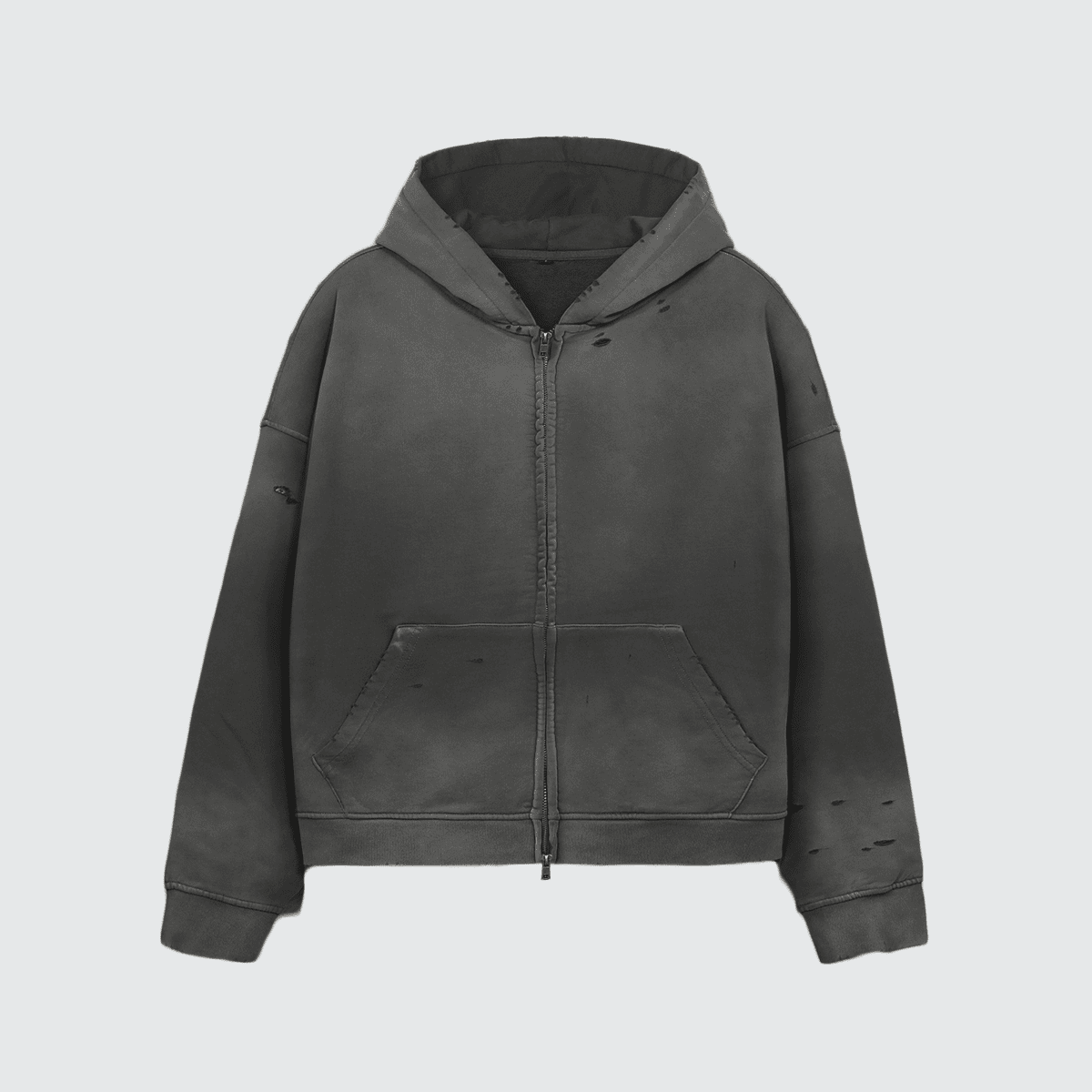 Heavyweight Distressed Dystopian Streetwear Zip-Up Hoodie