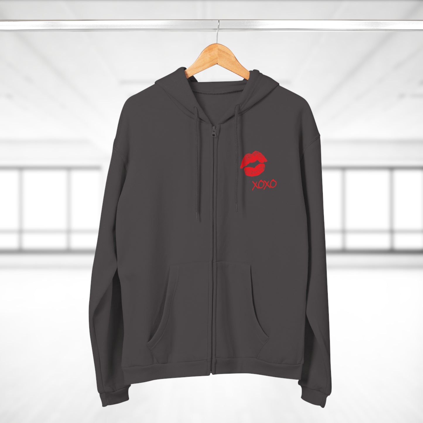 Lipstick Kiss Zip Hoodie — Red Lips XOXO Graphic Zip-Up Hoodie