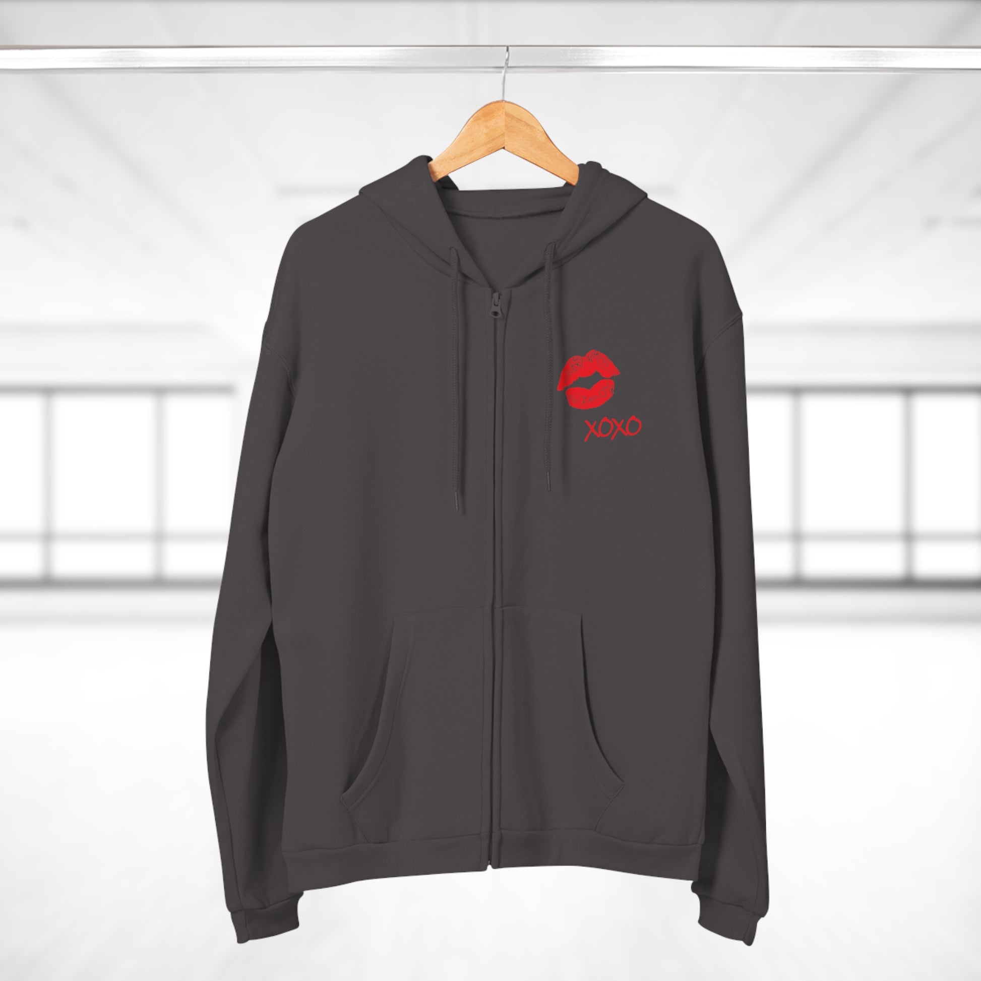 Lipstick Kiss Zip Hoodie — Red Lips XOXO Graphic Zip-Up Hoodie