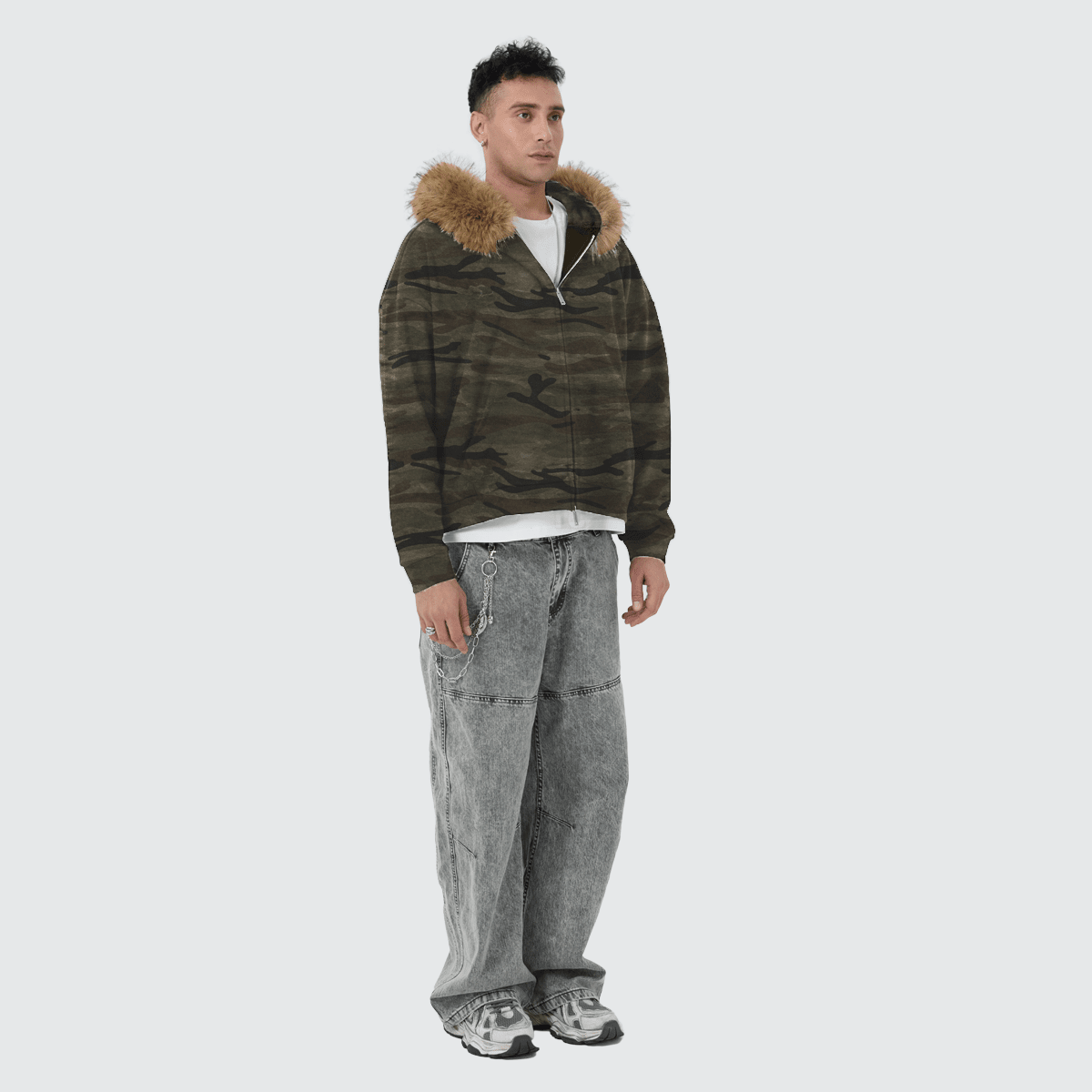 Heavyweight Camo Fur-Trim Zip-Up Hoodie