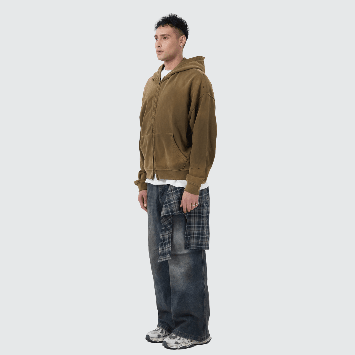 Heavyweight Distressed Dystopian Streetwear Zip-Up Hoodie