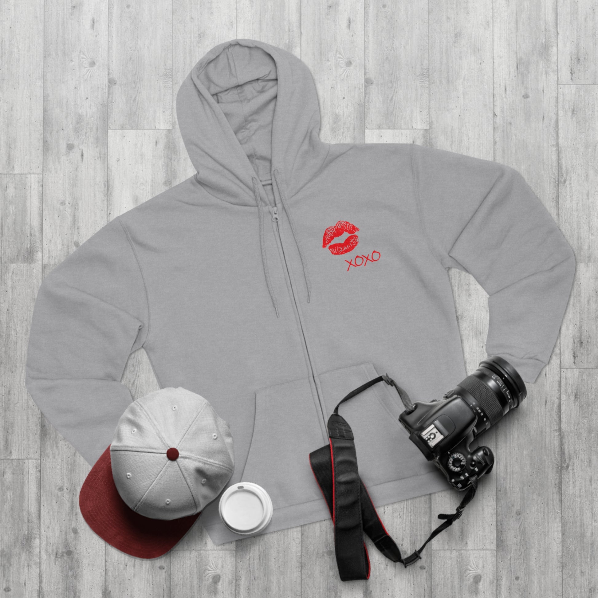 Lipstick Kiss Zip Hoodie — Red Lips XOXO Graphic Zip-Up Hoodie