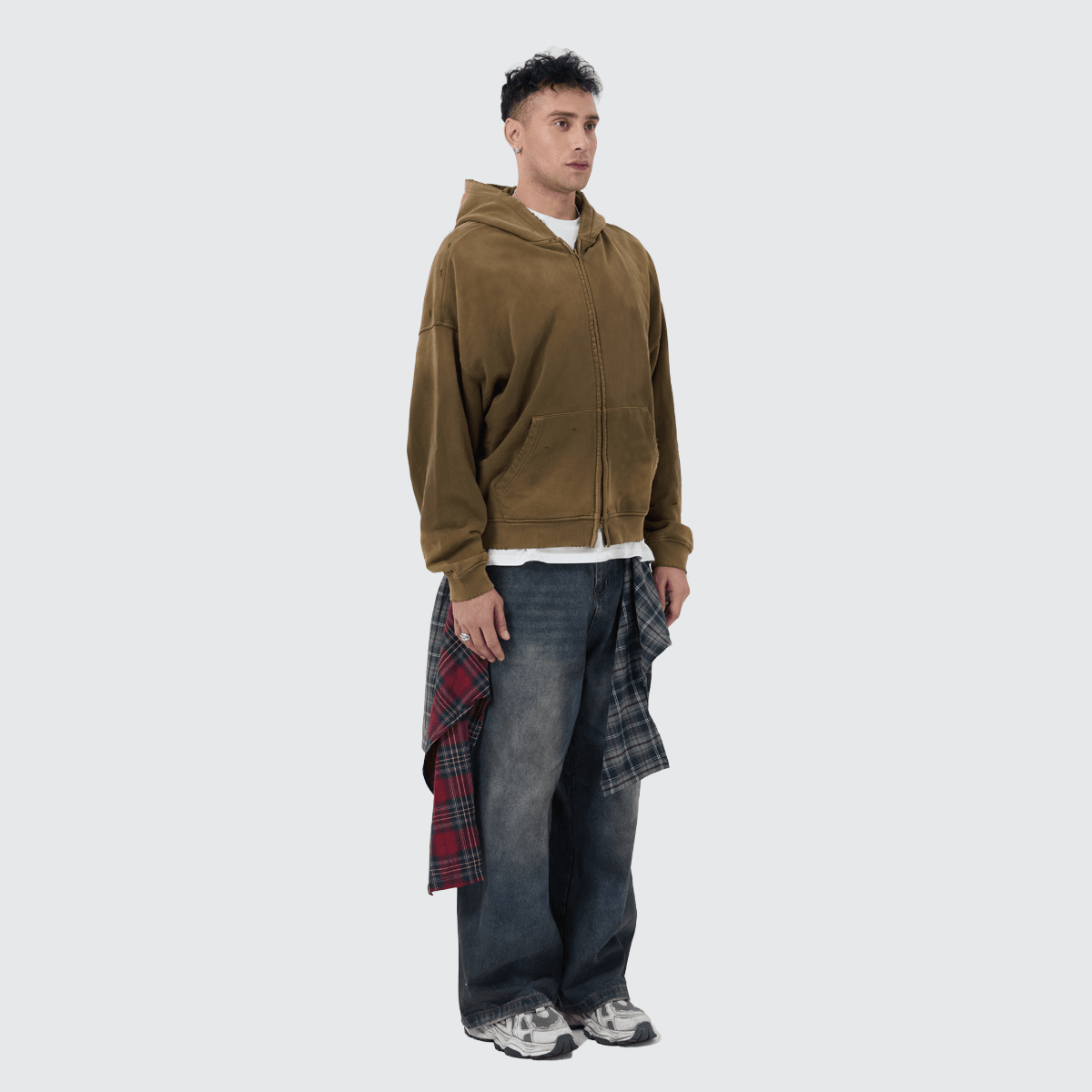 Heavyweight Distressed Dystopian Streetwear Zip-Up Hoodie