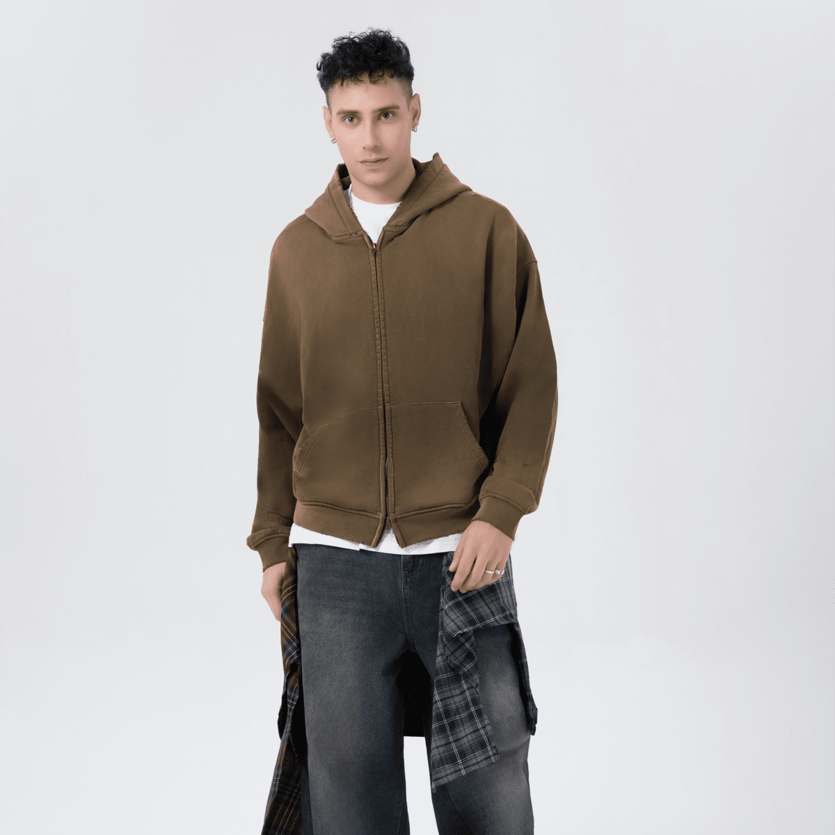 Heavyweight Distressed Dystopian Streetwear Zip-Up Hoodie
