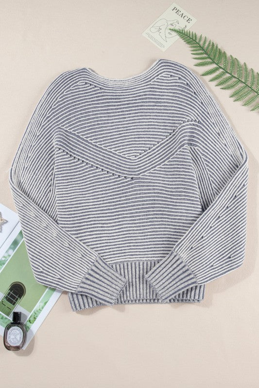 Stripe Ribbed Knit Boat Neck Sweater