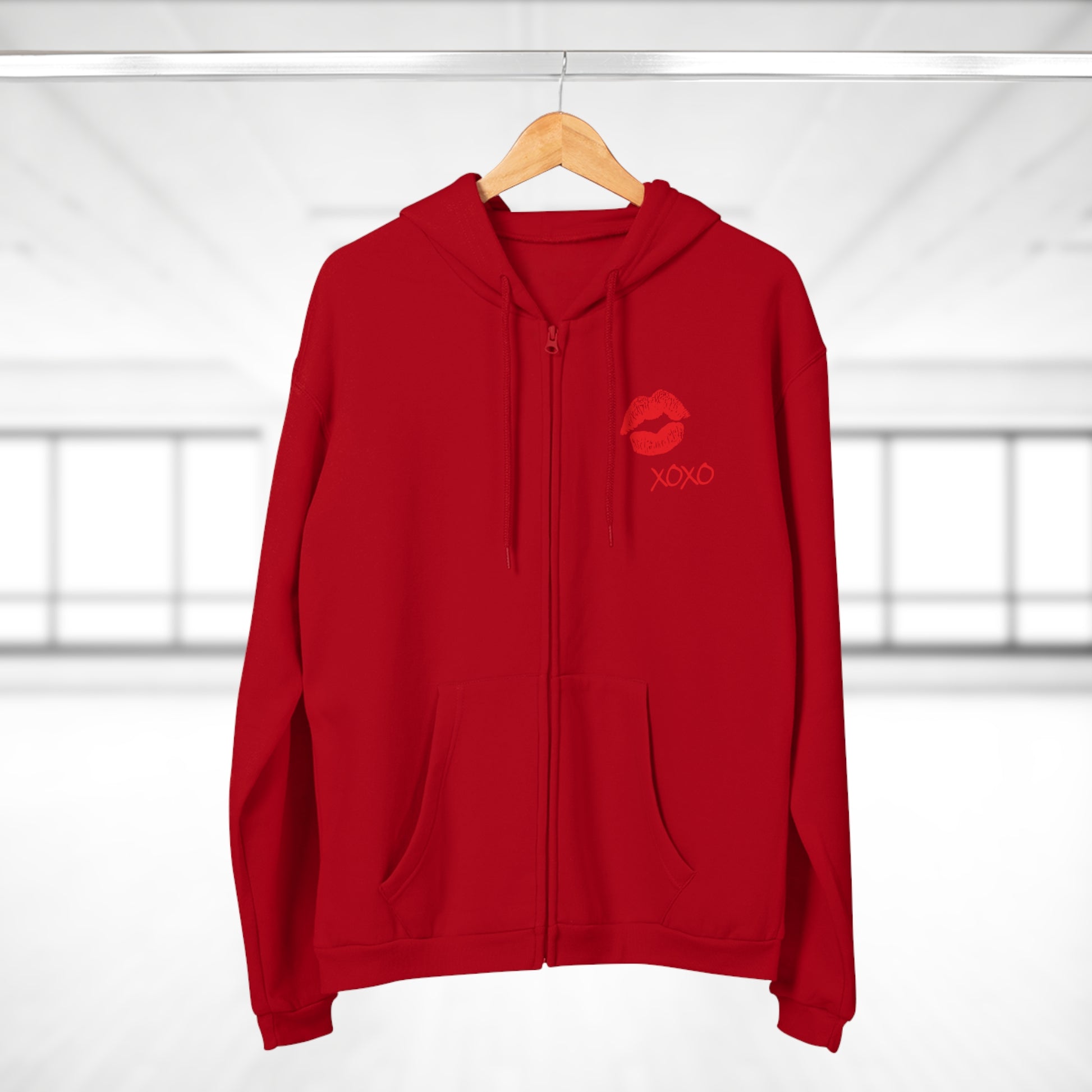 Lipstick Kiss Zip Hoodie — Red Lips XOXO Graphic Zip-Up Hoodie