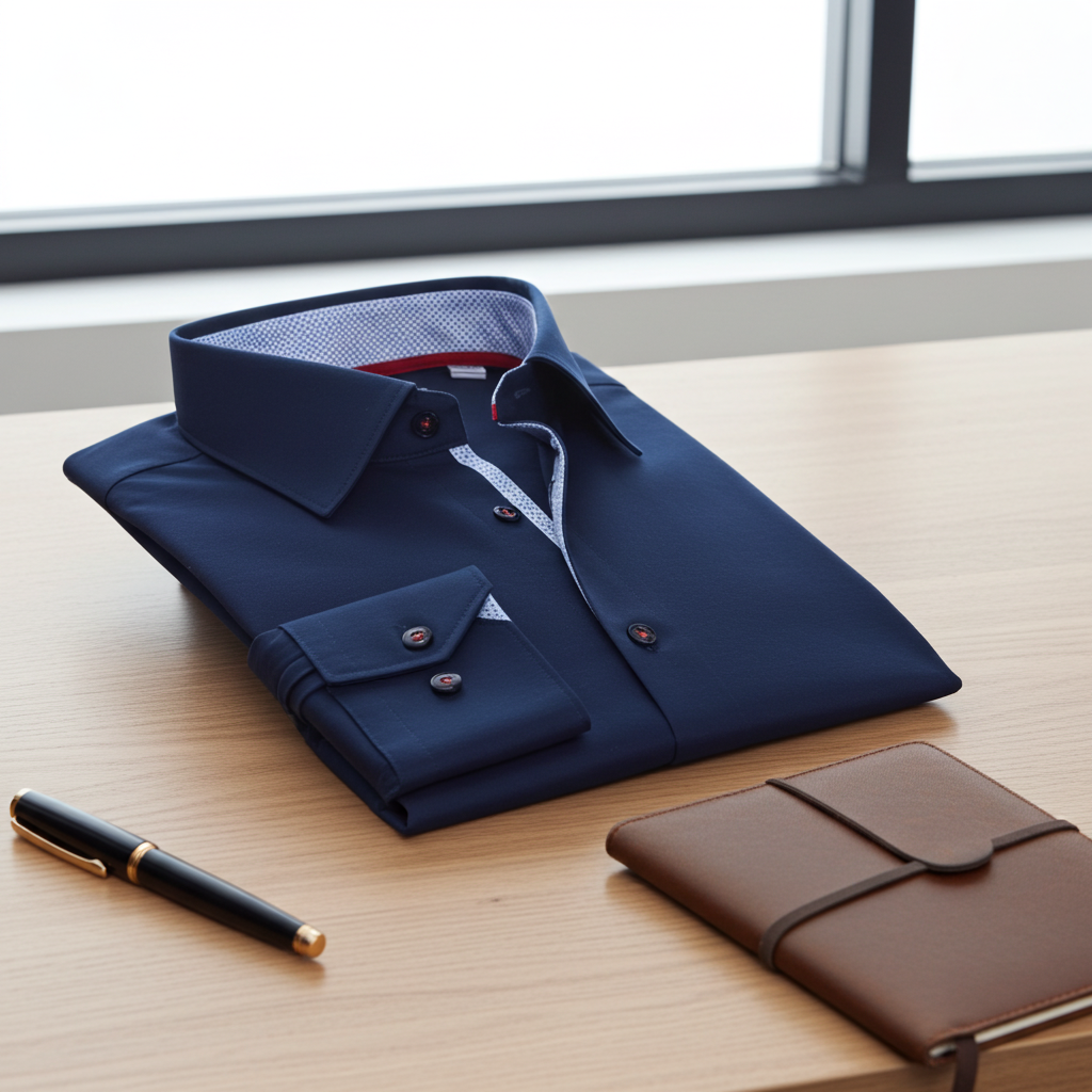 Paul // Cotton Knit-Stretch Button-Up Shirt With Contrast Details // Navy // Tailored Fit (Fitted)