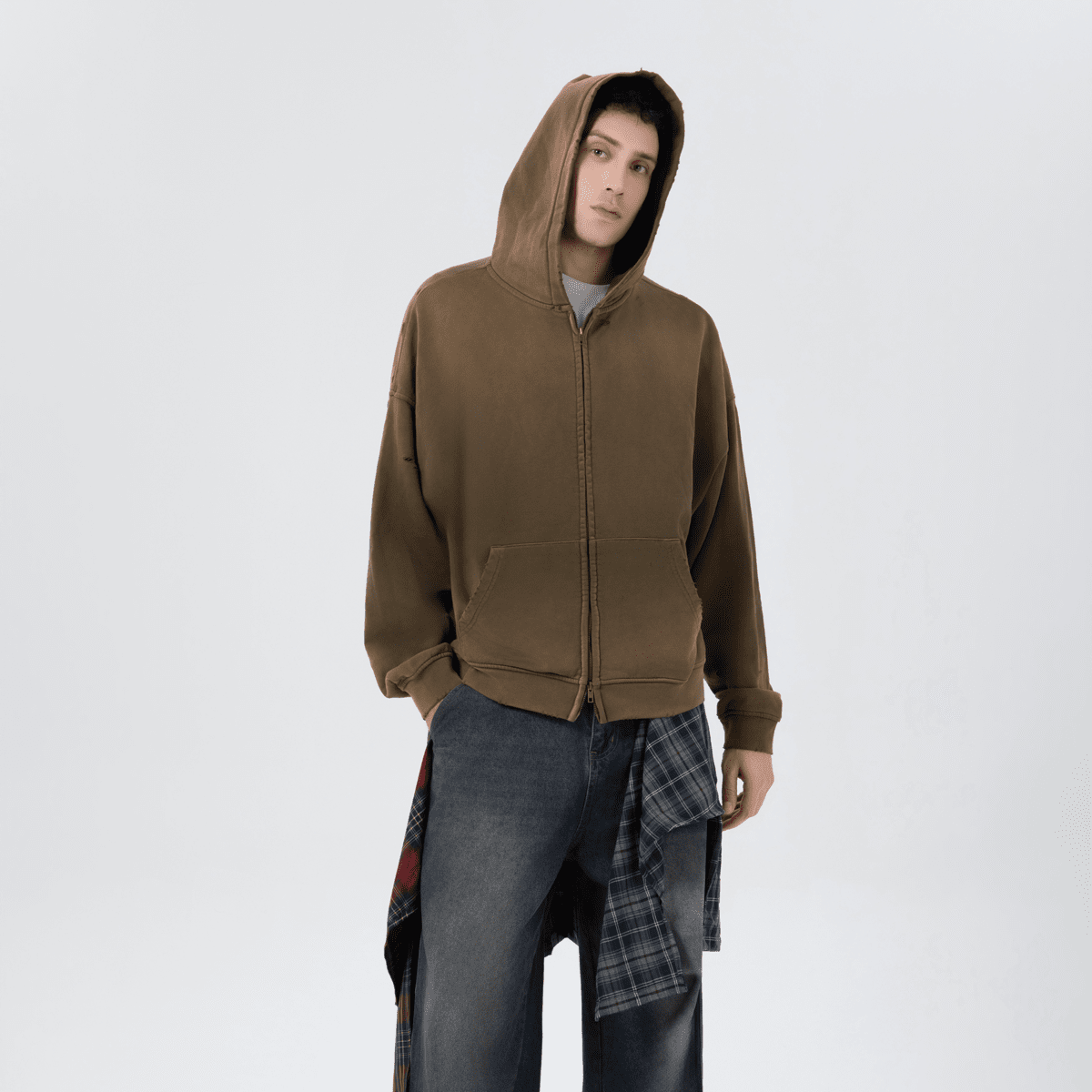 Heavyweight Distressed Dystopian Streetwear Zip-Up Hoodie