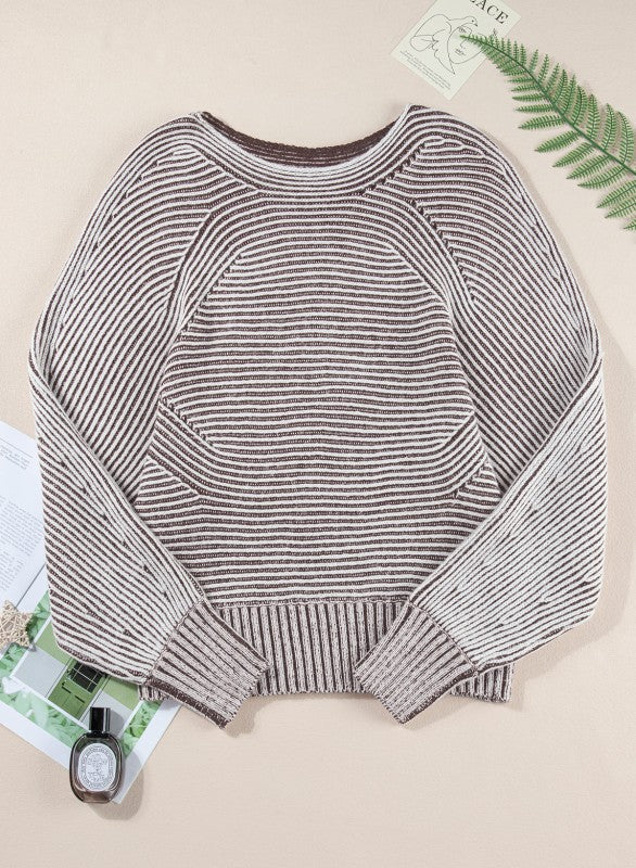 Stripe Ribbed Knit Boat Neck Sweater