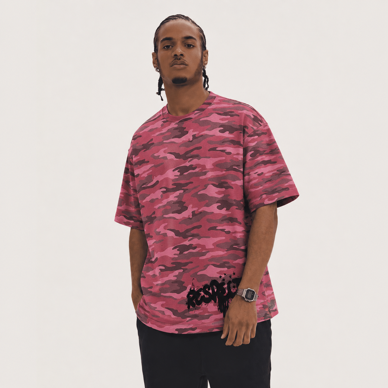 Heavyweight Rose Camo Oversized T-Shirt - Respect Graffiti Design