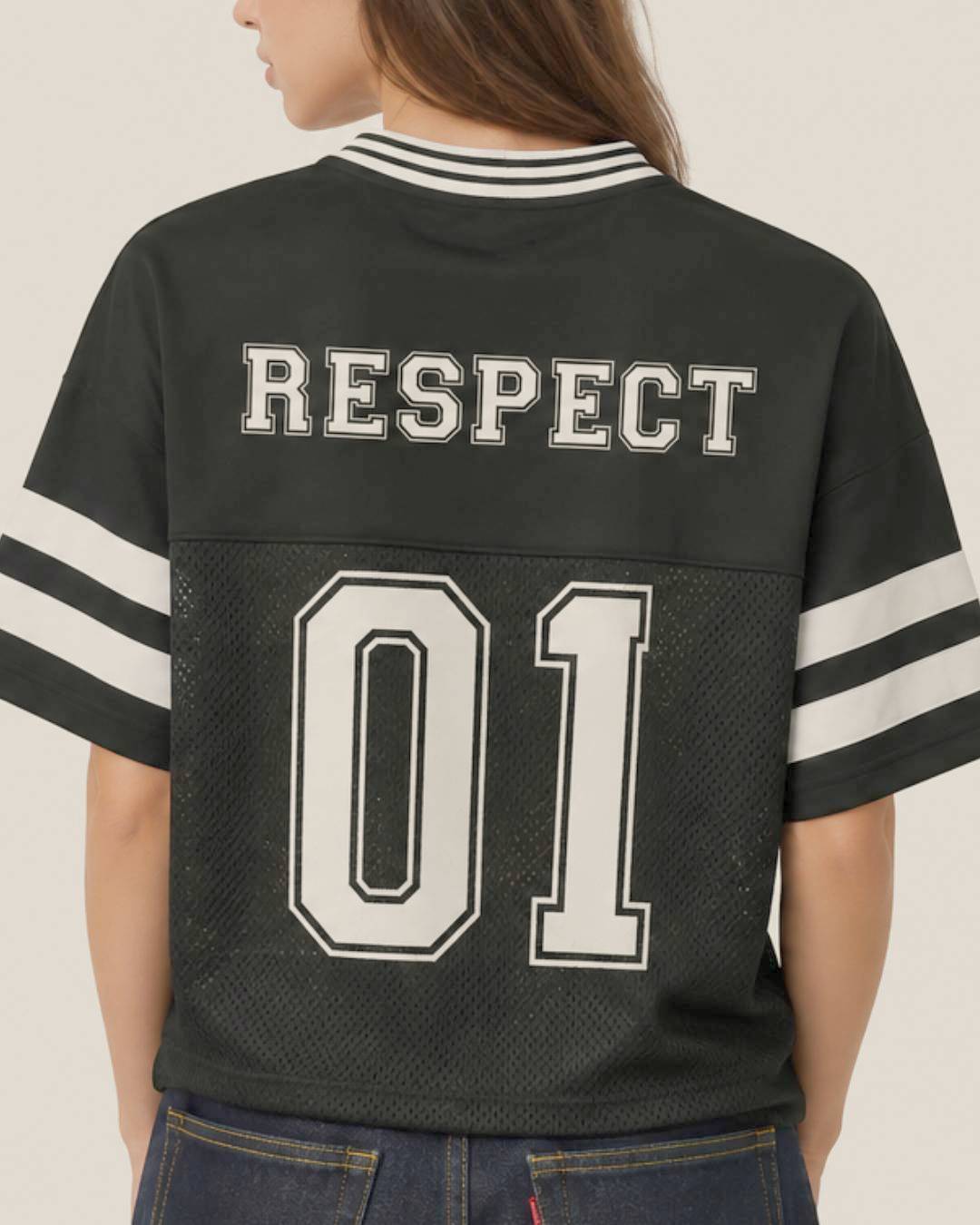 Oversized Cropped Jacquard-collar Vintage Mesh Football Jersey Tee RESPECT