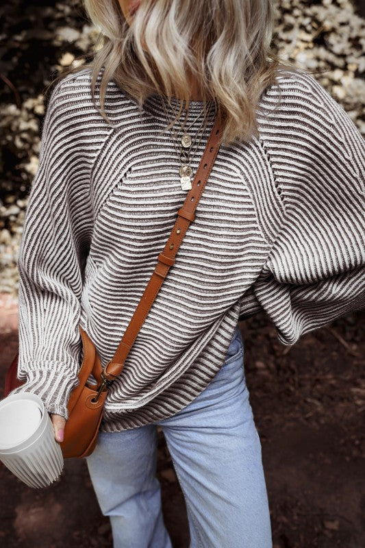 Stripe Ribbed Knit Boat Neck Sweater
