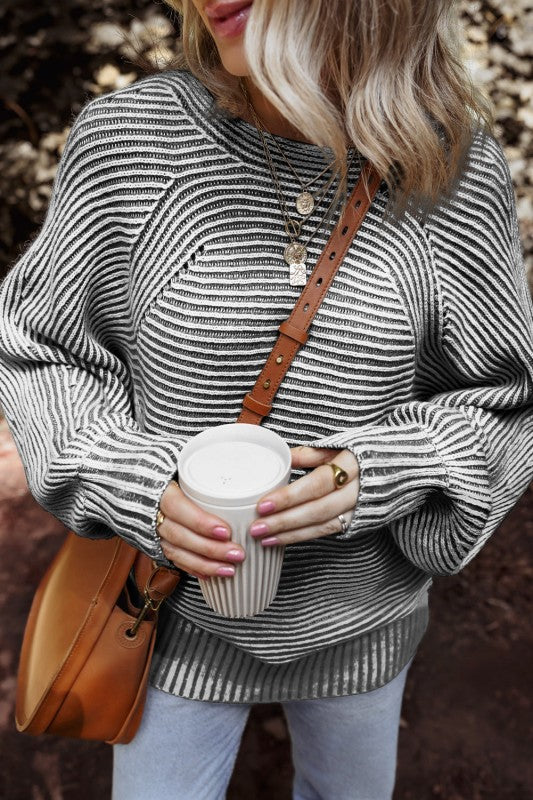 Stripe Ribbed Knit Boat Neck Sweater