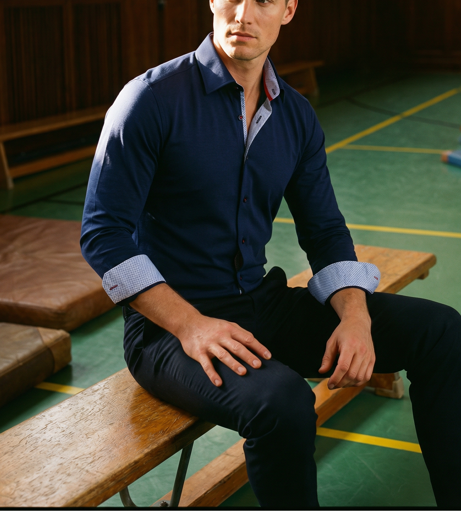 Paul // Cotton Knit-Stretch Button-Up Shirt With Contrast Details // Navy // Tailored Fit (Fitted)
