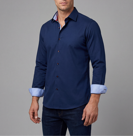 Paul // Cotton Knit-Stretch Button-Up Shirt With Contrast Details // Navy // Tailored Fit (Fitted)