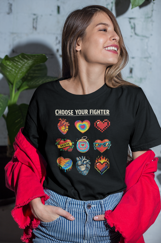 Choose Your Fighter Graphic Tee — Retro Pixel Heart Icons T-Shirt
