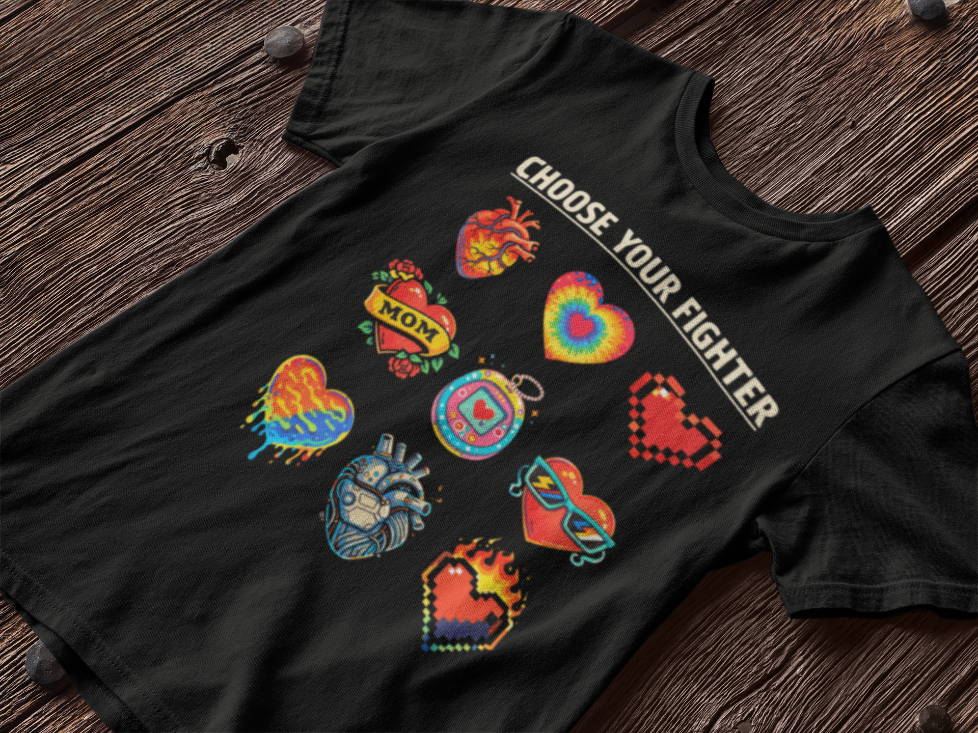 Choose Your Fighter Graphic Tee — Retro Pixel Heart Icons T-Shirt